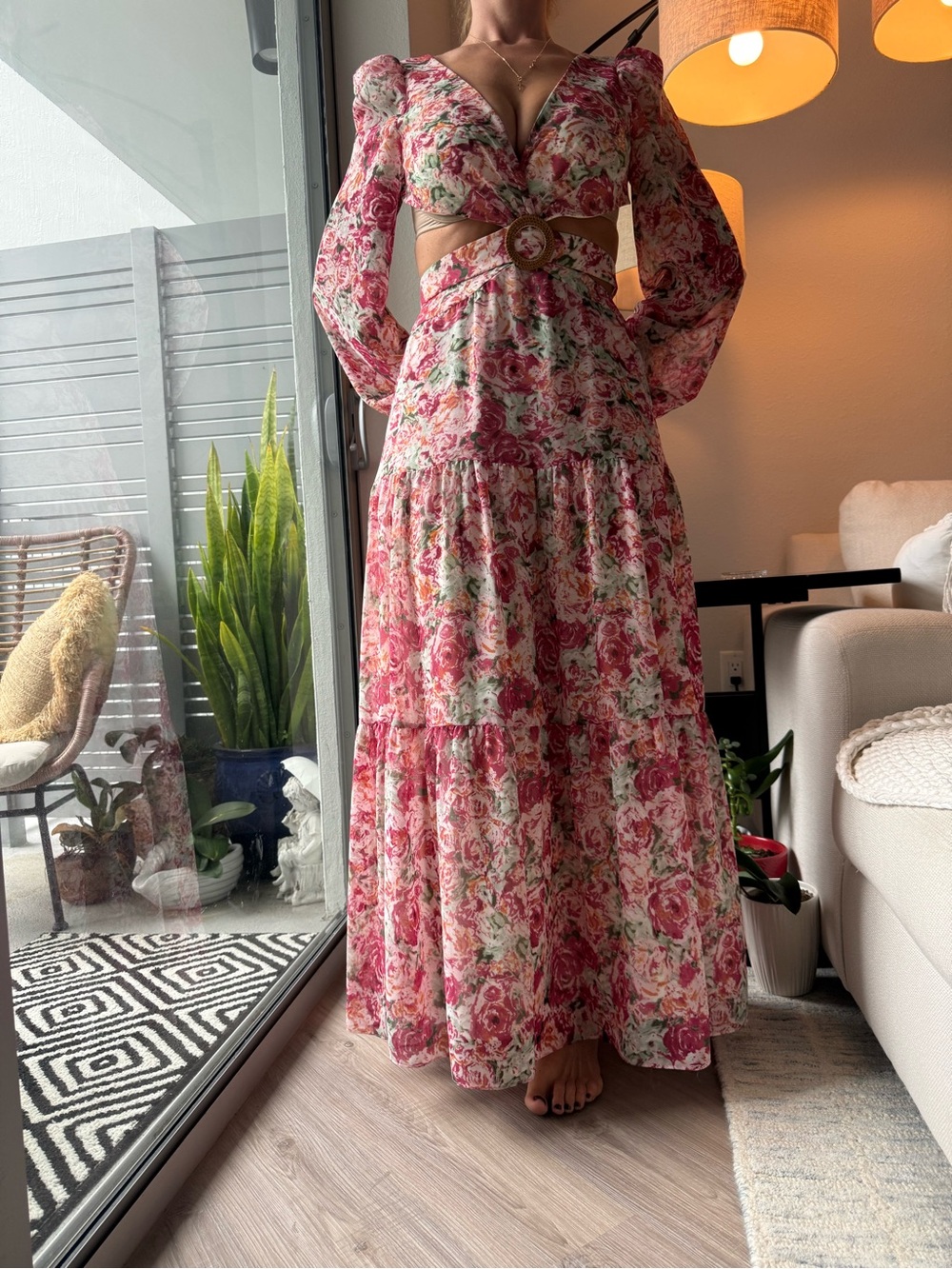 Gianni Bini Pink Floral Cutout Maxi Dress with Puff Sleeves